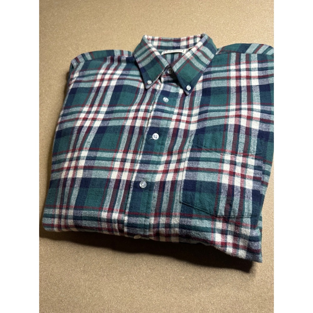 LL Bean Flannel Shirt Mens Large Tall Green Plaid Button Down Made in USA Cotton